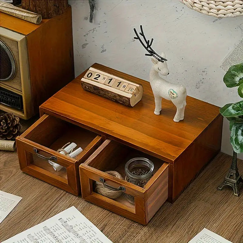 Vintage Wooden Desk Organizer with Glass Drawer - Double Drawer Size-1