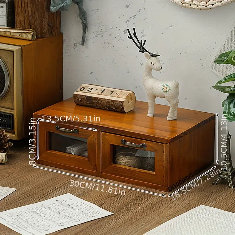 Vintage Wooden Desk Organizer with Glass Drawer - Double Drawer Size-4