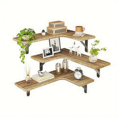 Set of 5 Rustic Wooden Corner Floating Shelves - Wall Mounted Storage Racks-0