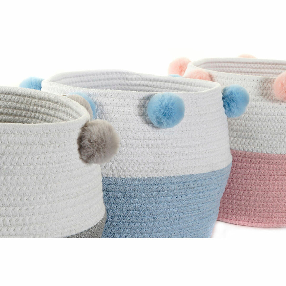 Basket set DKD Home Decor Pompoms 30 x 30 x 26 cm Wood-2