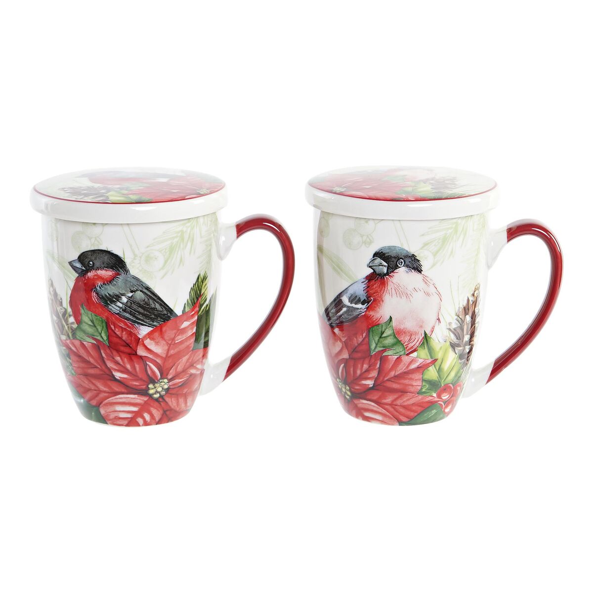 Teacup DKD Home Decor Bird Porcelain Red Green (380 ml) (2 Units)-0