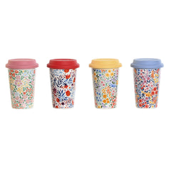 Cup with lid DKD Home Decor Multicolour Flowers 400 ml (4 Units)-0