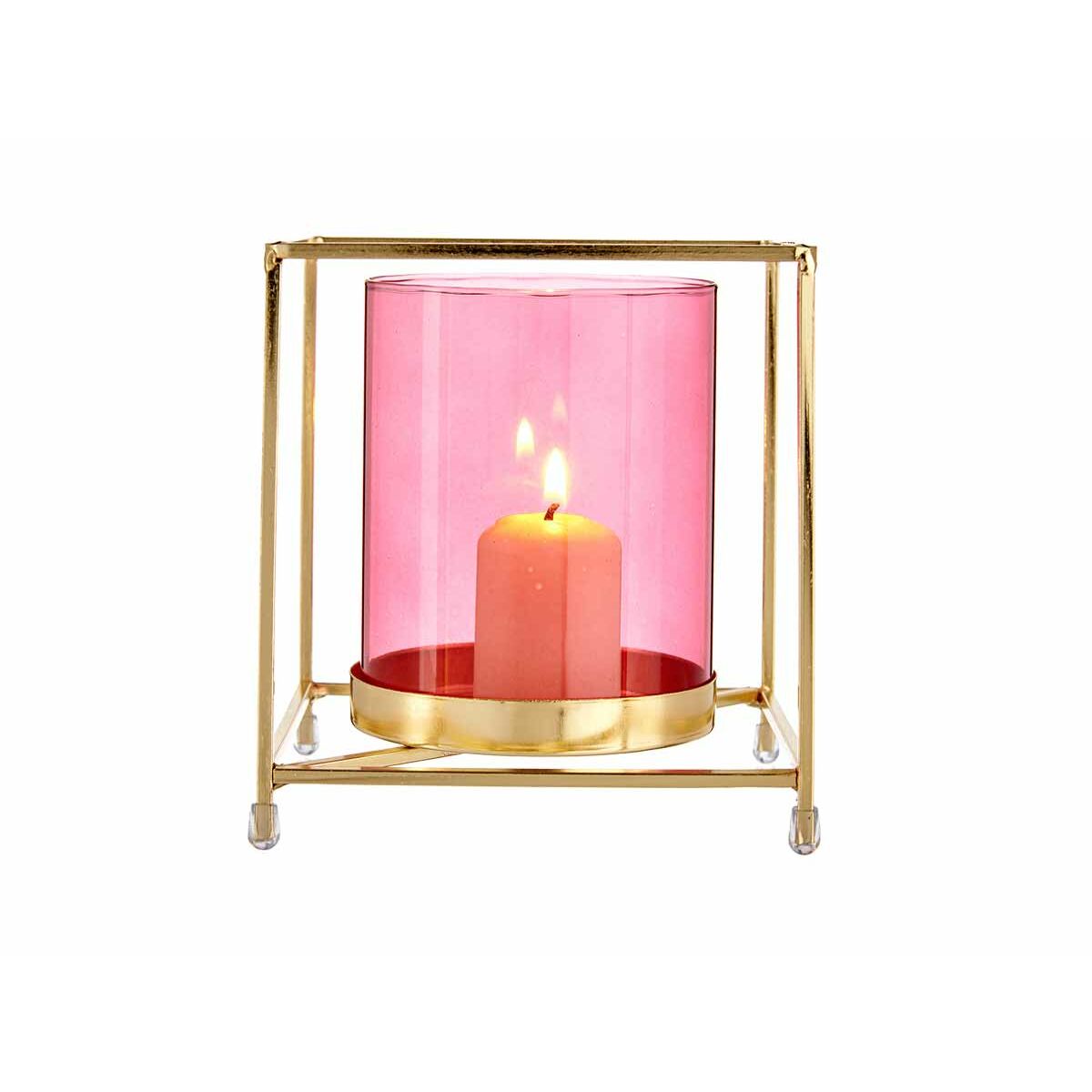 Candleholder Gift Decor SW120662A Pink Golden Metal Glass 14 x 15,5 x 14 cm Squared-2