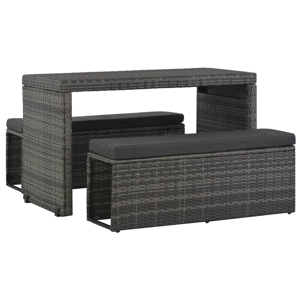 vidaXL 3 Piece Patio Dining Set with Cushions Poly Rattan Gray-0
