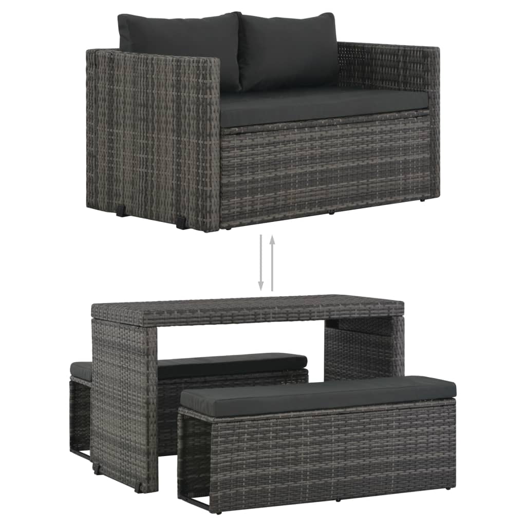 vidaXL 3 Piece Patio Dining Set with Cushions Poly Rattan Gray-3