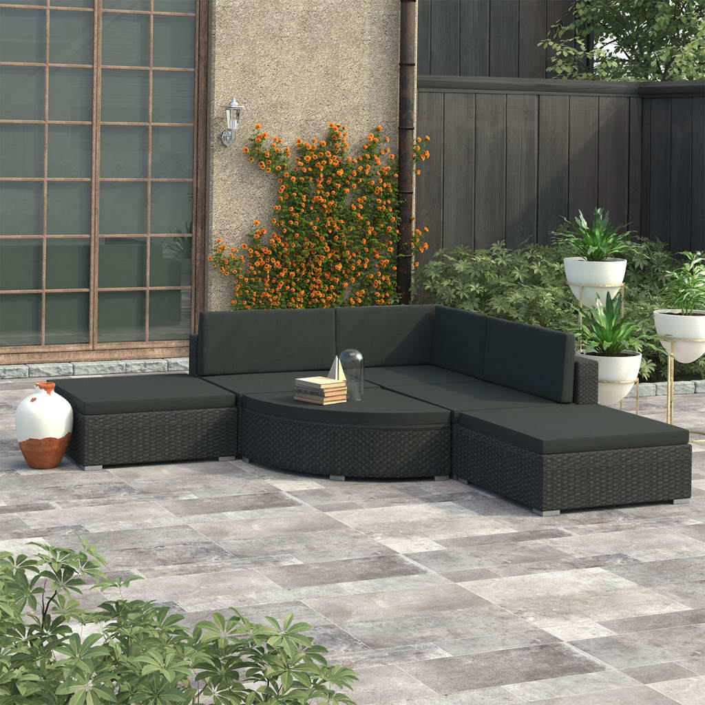 vidaXL 6 Piece Patio Lounge Set with Cushions Poly Rattan Black-0