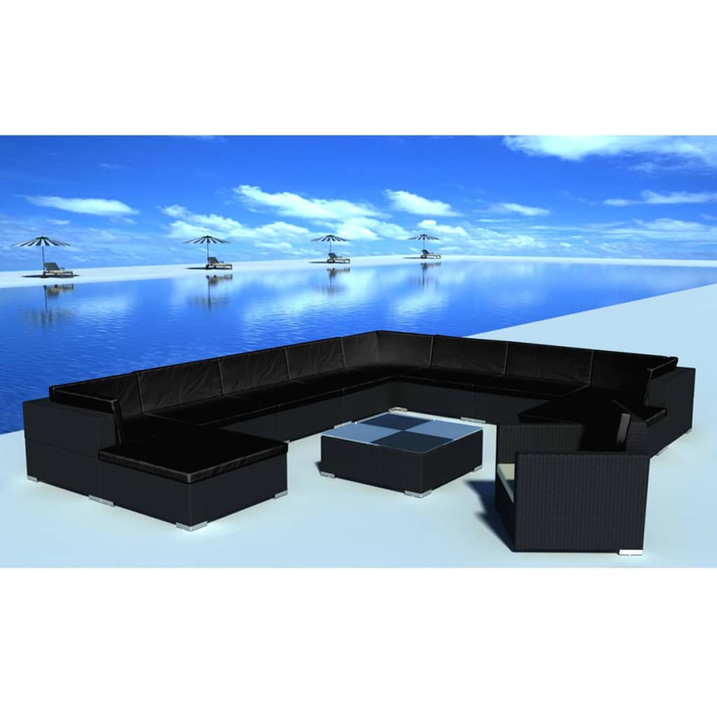 vidaXL 12 Piece Patio Lounge Set with Cushions Poly Rattan Black-0