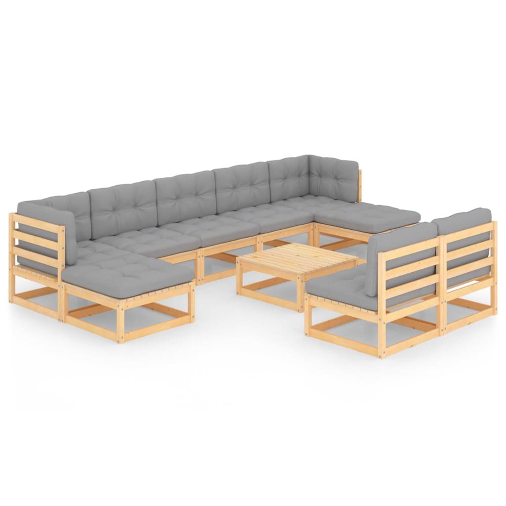 vidaXL 10 Piece Patio Lounge Set with Cushions Solid Wood Pine-1