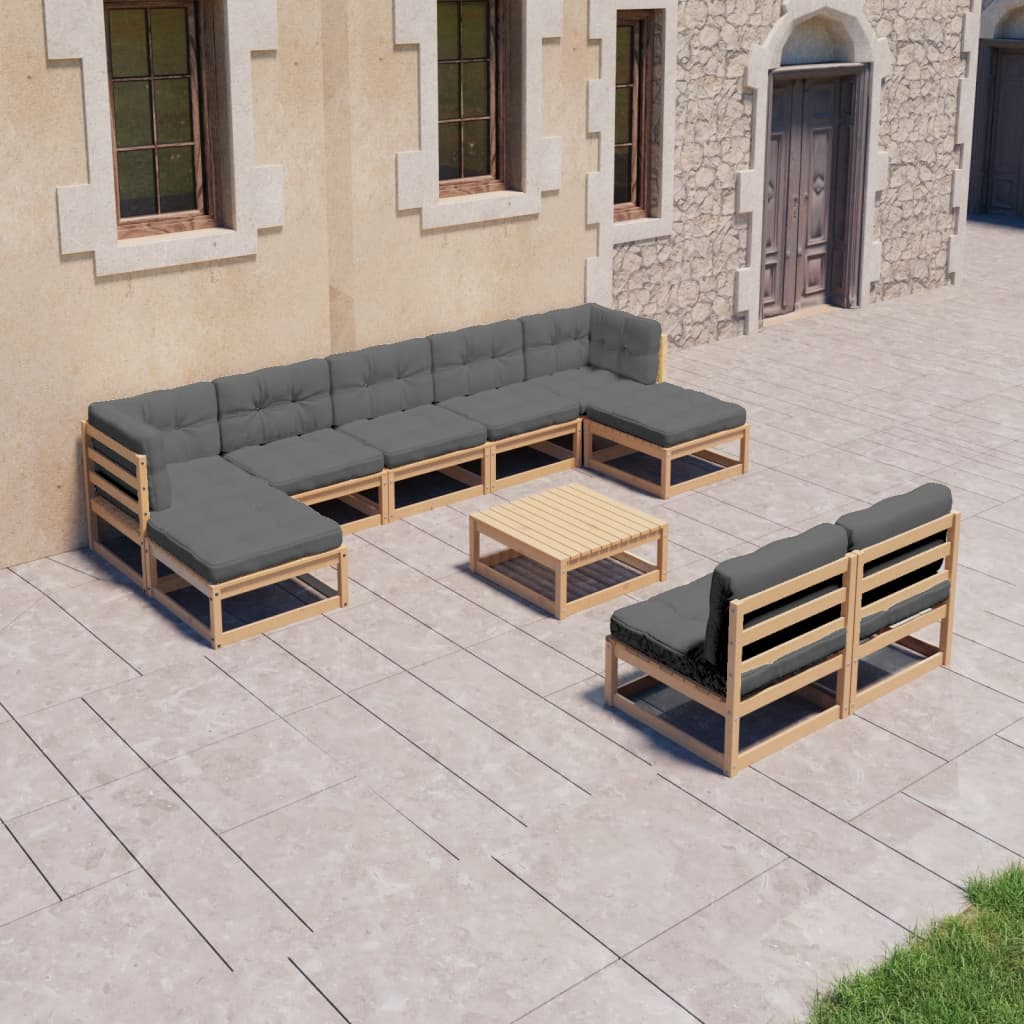vidaXL 10 Piece Patio Lounge Set with Cushions Solid Wood Pine-5