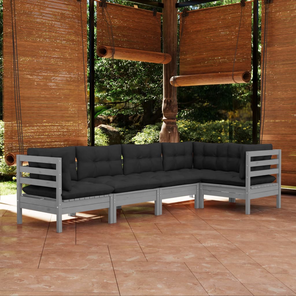 vidaXL Solid Pinewood Patio Lounge Set 5 Piece with Cushions Multi Colors-8