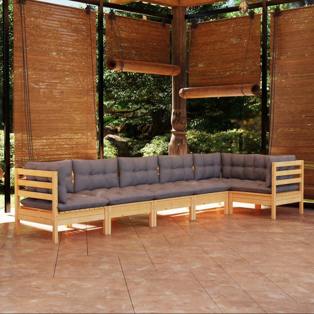 vidaXL 6 Piece Patio Lounge Set with Cream Cushions Pinewood-4