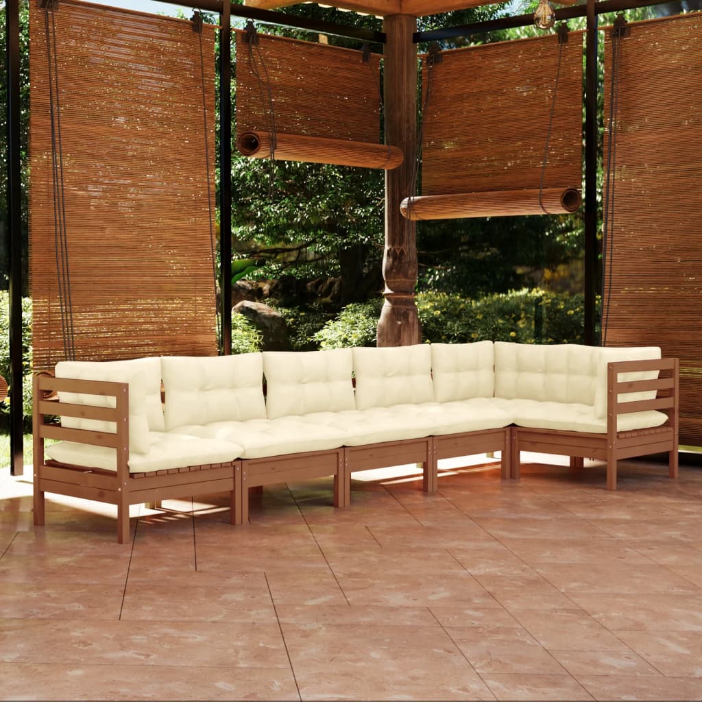 vidaXL 6 Piece Patio Lounge Set with Cream Cushions Pinewood-3