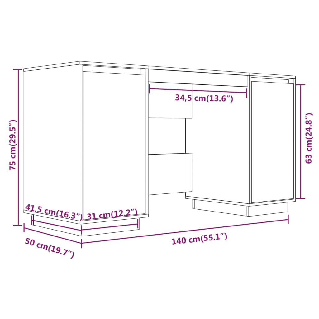vidaXL Desk Computer Desk with Storage Cabinet for Home Office Solid Wood Pine-2