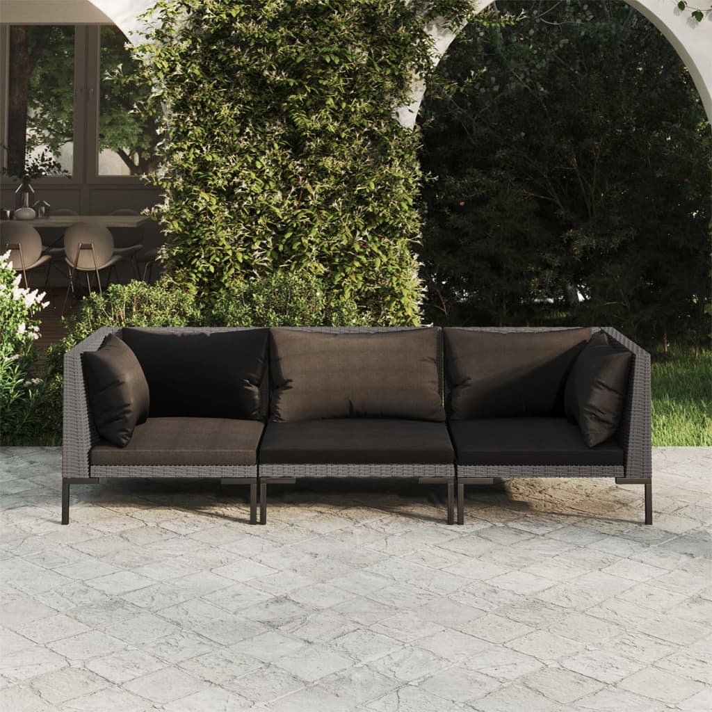 vidaXL 3 Piece Patio Lounge Set with Cushions Poly Rattan Dark Gray-0