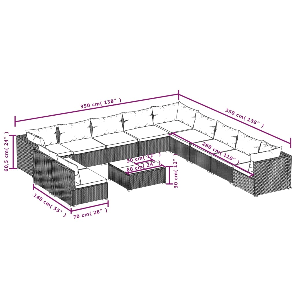 vidaXL 12 Piece Patio Lounge Set with Cushions Brown Poly Rattan-4