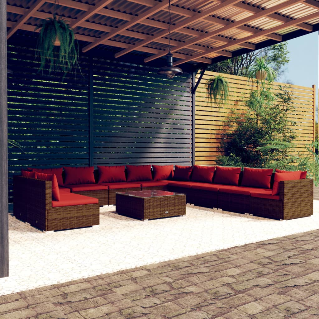 vidaXL 12 Piece Patio Lounge Set with Cushions Brown Poly Rattan-0