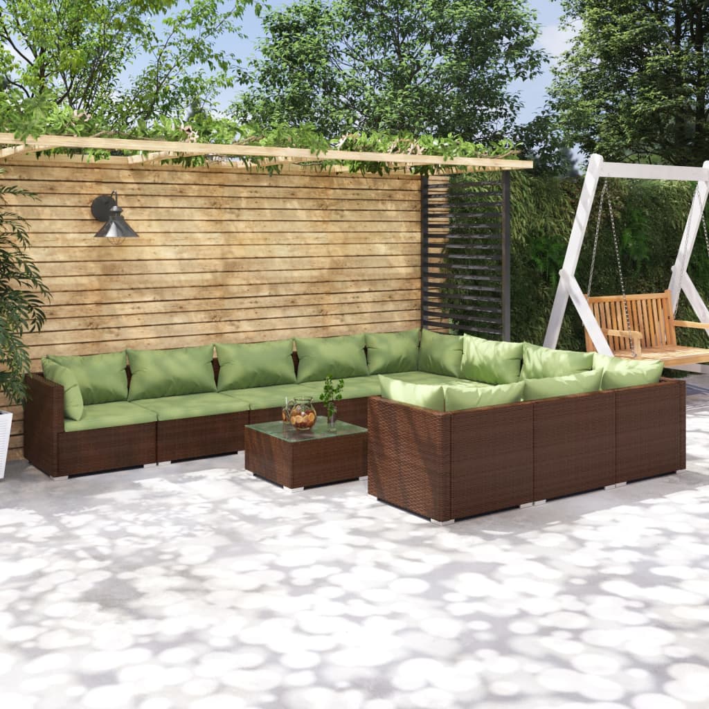 vidaXL 11 Piece Patio Lounge Set with Cushions Poly Rattan Brown-0