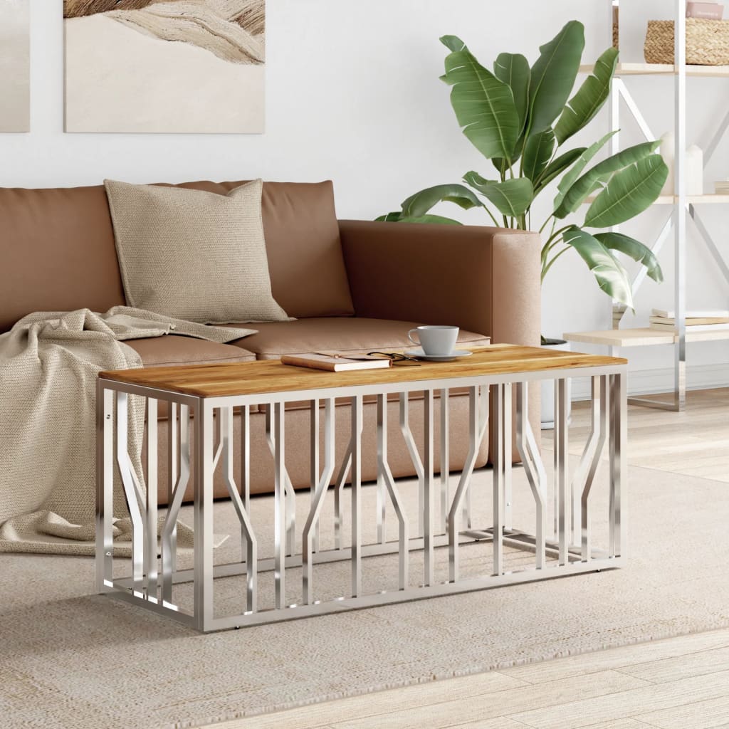 vidaXL Coffee Table Silver Stainless Steel and Solid Wood Acacia-0
