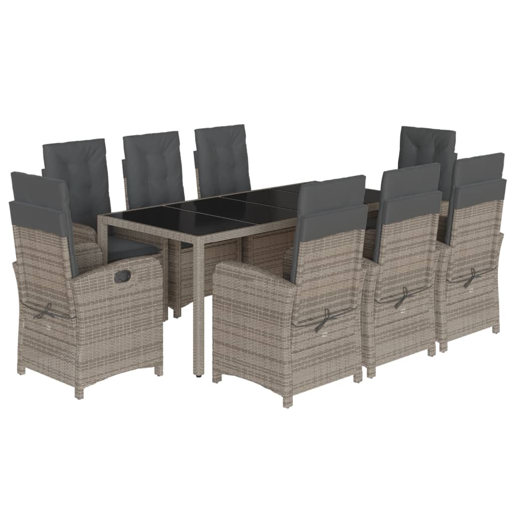 vidaXL 9 Piece Patio Dining Set with Cushions Gray Poly Rattan-1