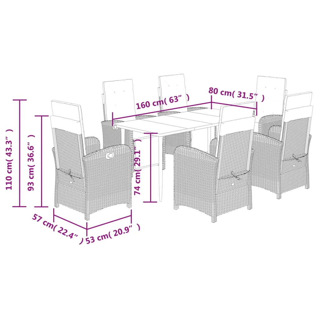 vidaXL 7 Piece Patio Dining Set with Cushions Brown Poly Rattan-3