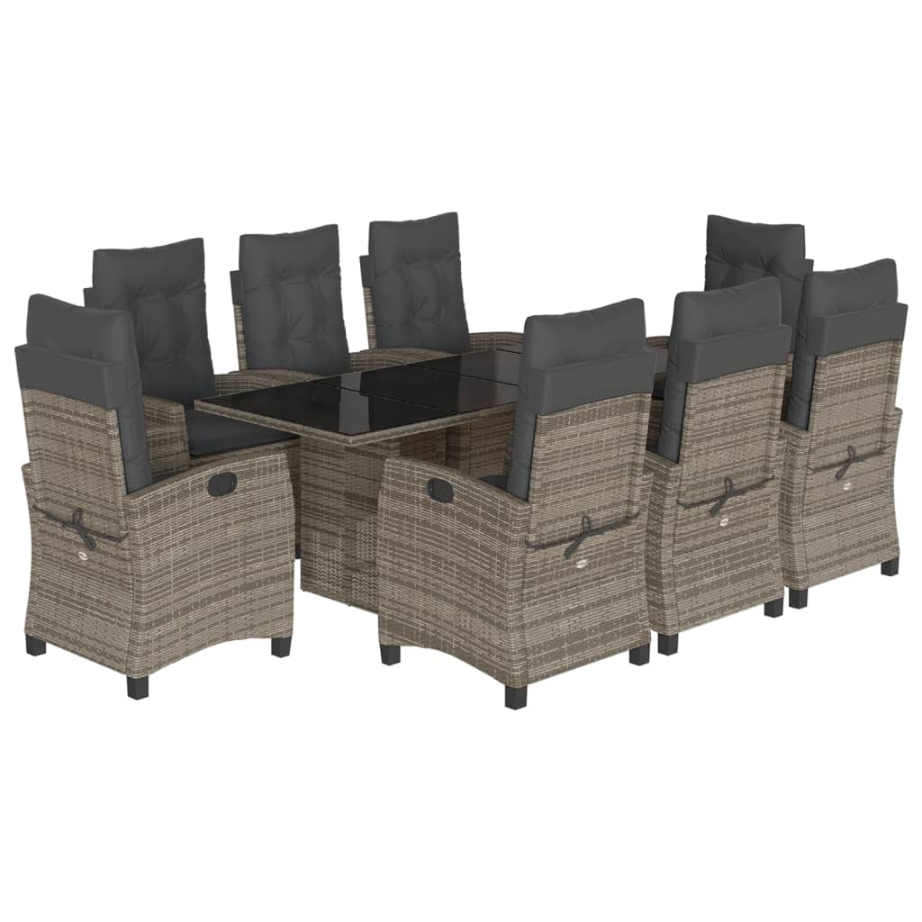 vidaXL 9 Piece Patio Dining Set with Cushions Gray Poly Rattan-2