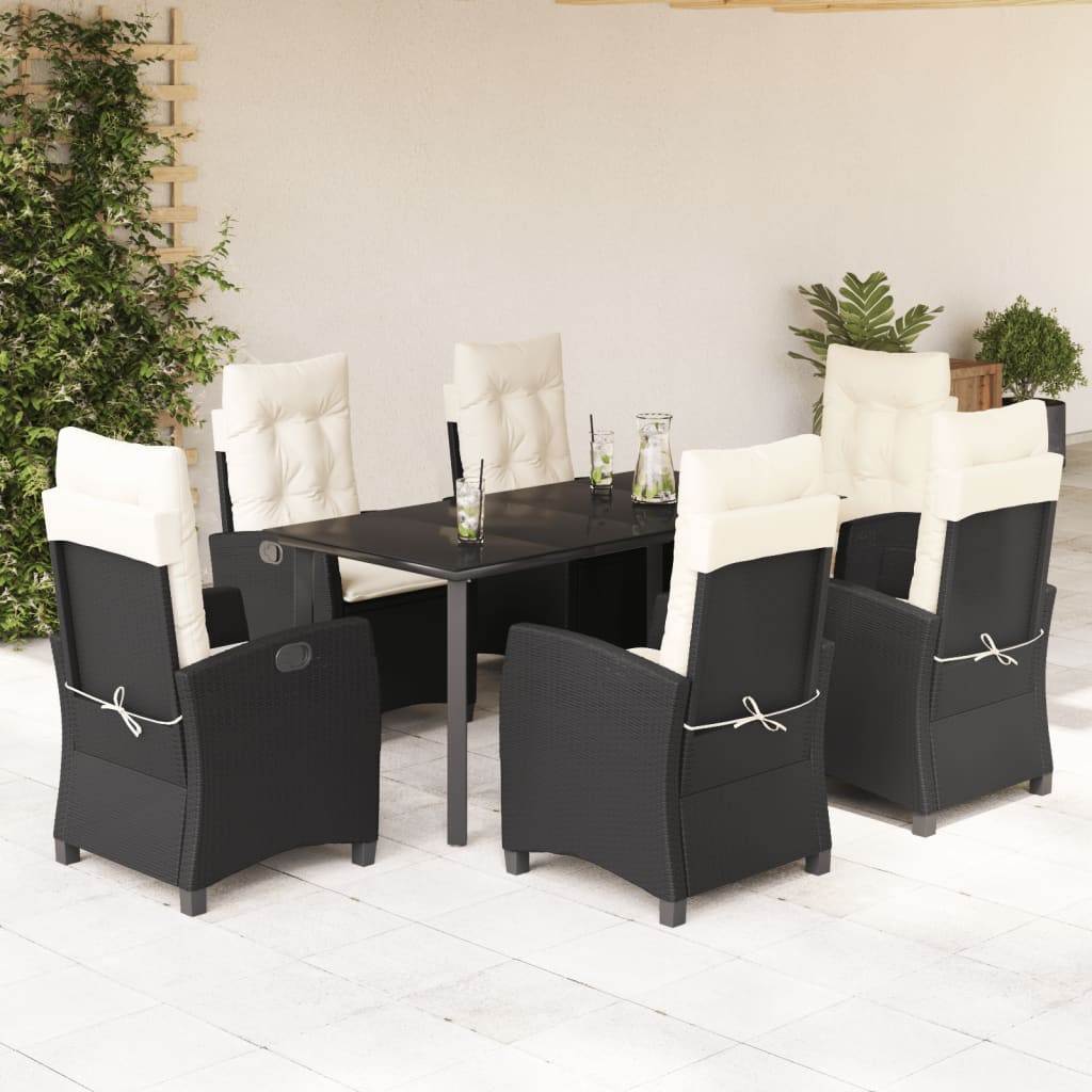 vidaXL 7 Piece Patio Dining Set with Cushions Black Poly Rattan-0