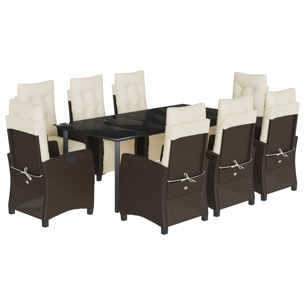 vidaXL 9 Piece Patio Dining Set with Cushions Brown Poly Rattan-2