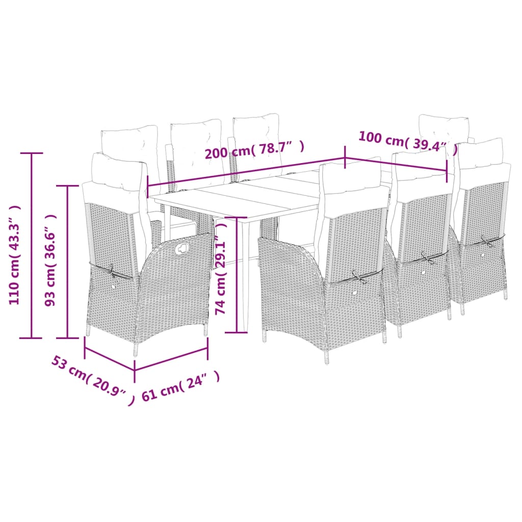 vidaXL 9 Piece Patio Dining Set with Cushions Black Poly Rattan-3