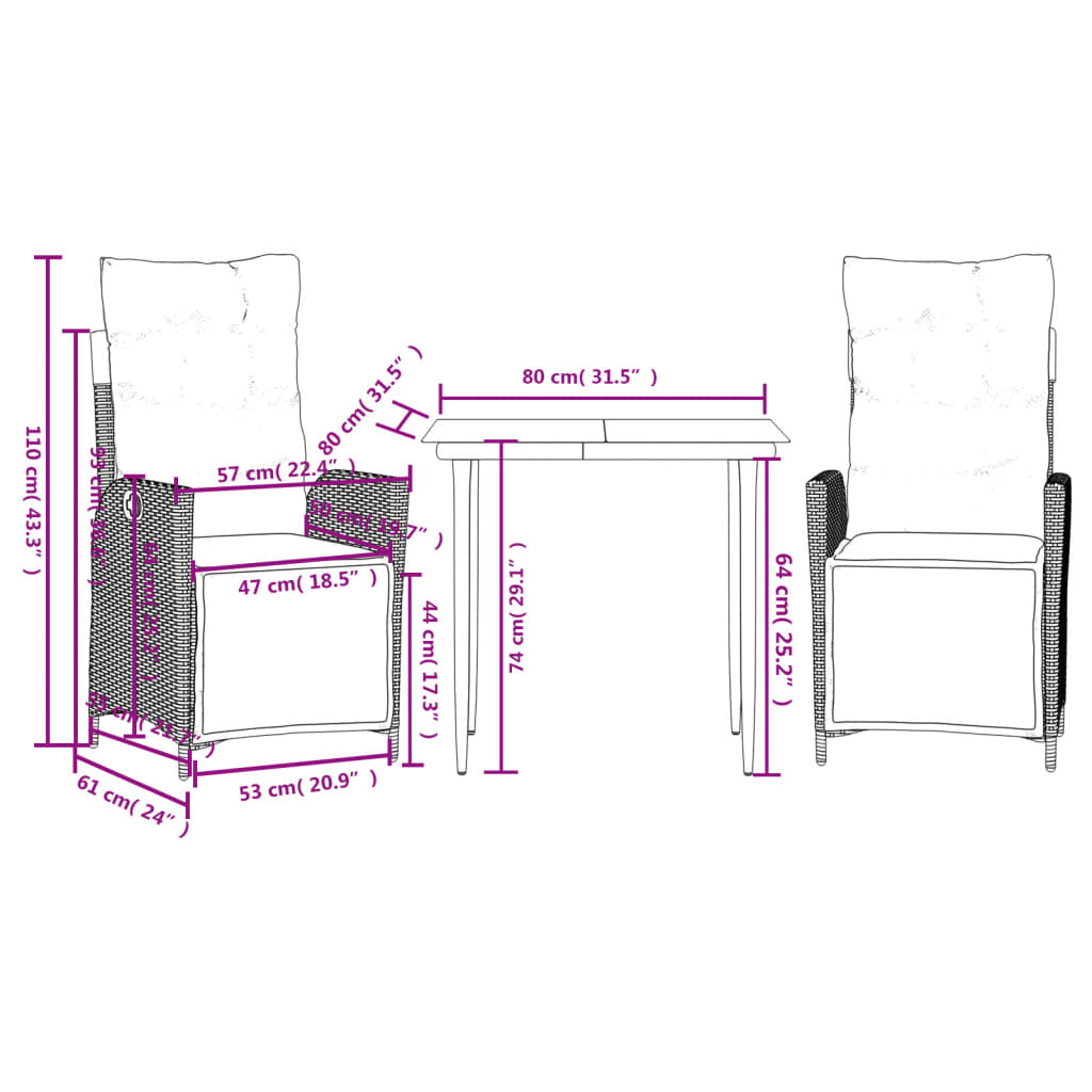 vidaXL 3 Piece Patio Dining Set with Cushions Beige Poly Rattan-3