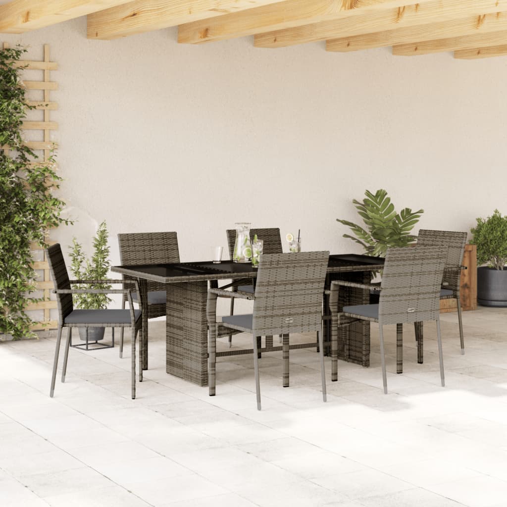 vidaXL 7 Piece Patio Dining Set with Cushions Gray Poly Rattan-0