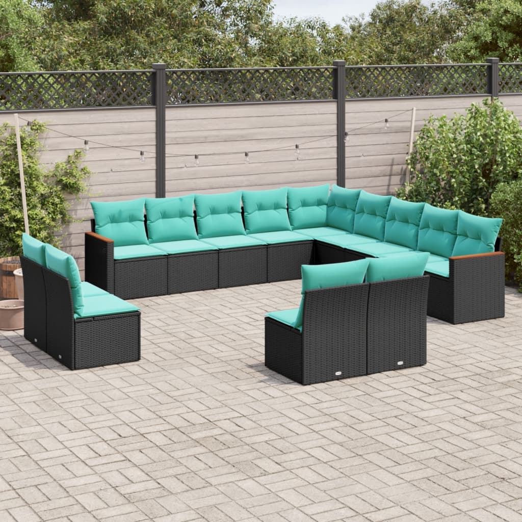 vidaXL 13 Piece Patio Sofa Set with Cushions Black Poly Rattan-0