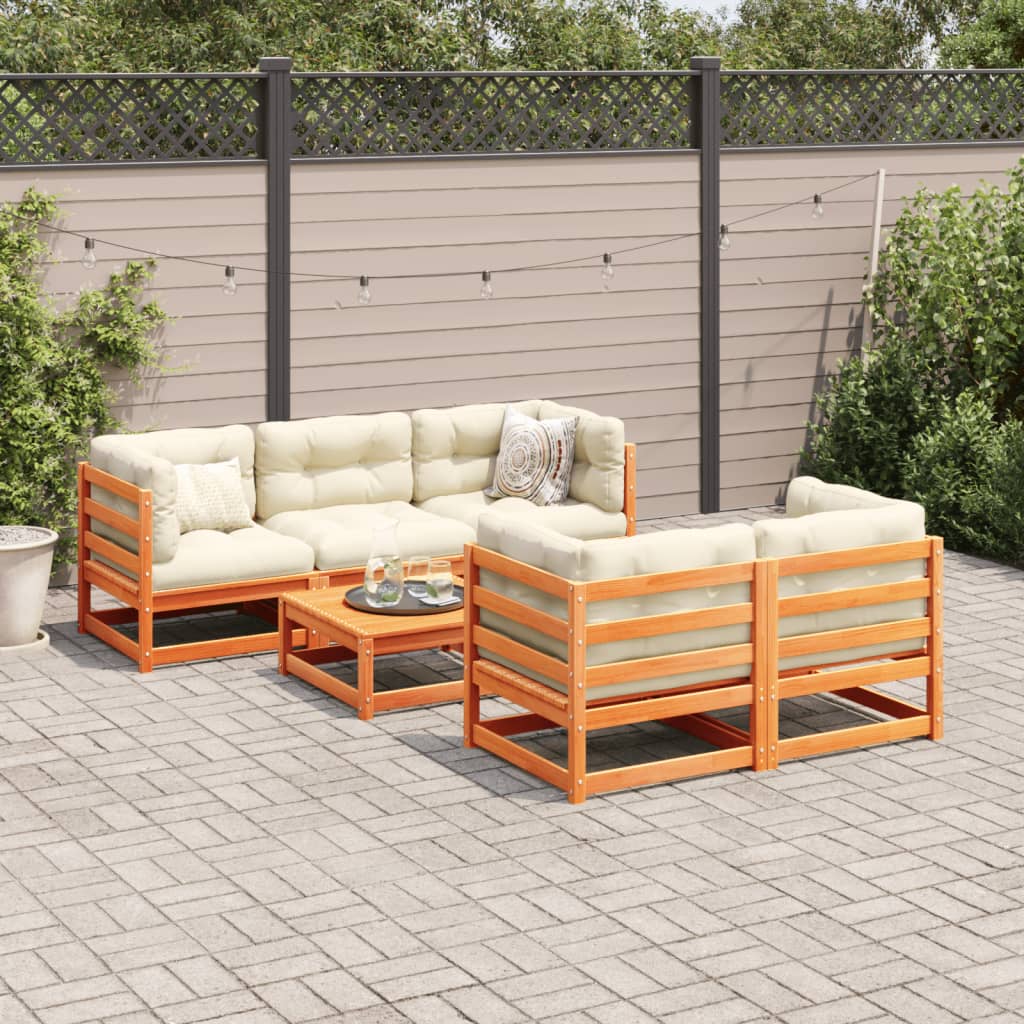 vidaXL 6 Piece Patio Sofa Set with Cushions Wax Brown Solid Wood Pine-2
