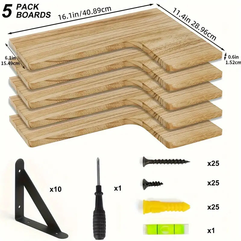 Set of 5 Rustic Wooden Corner Floating Shelves - Wall Mounted Storage Racks-4