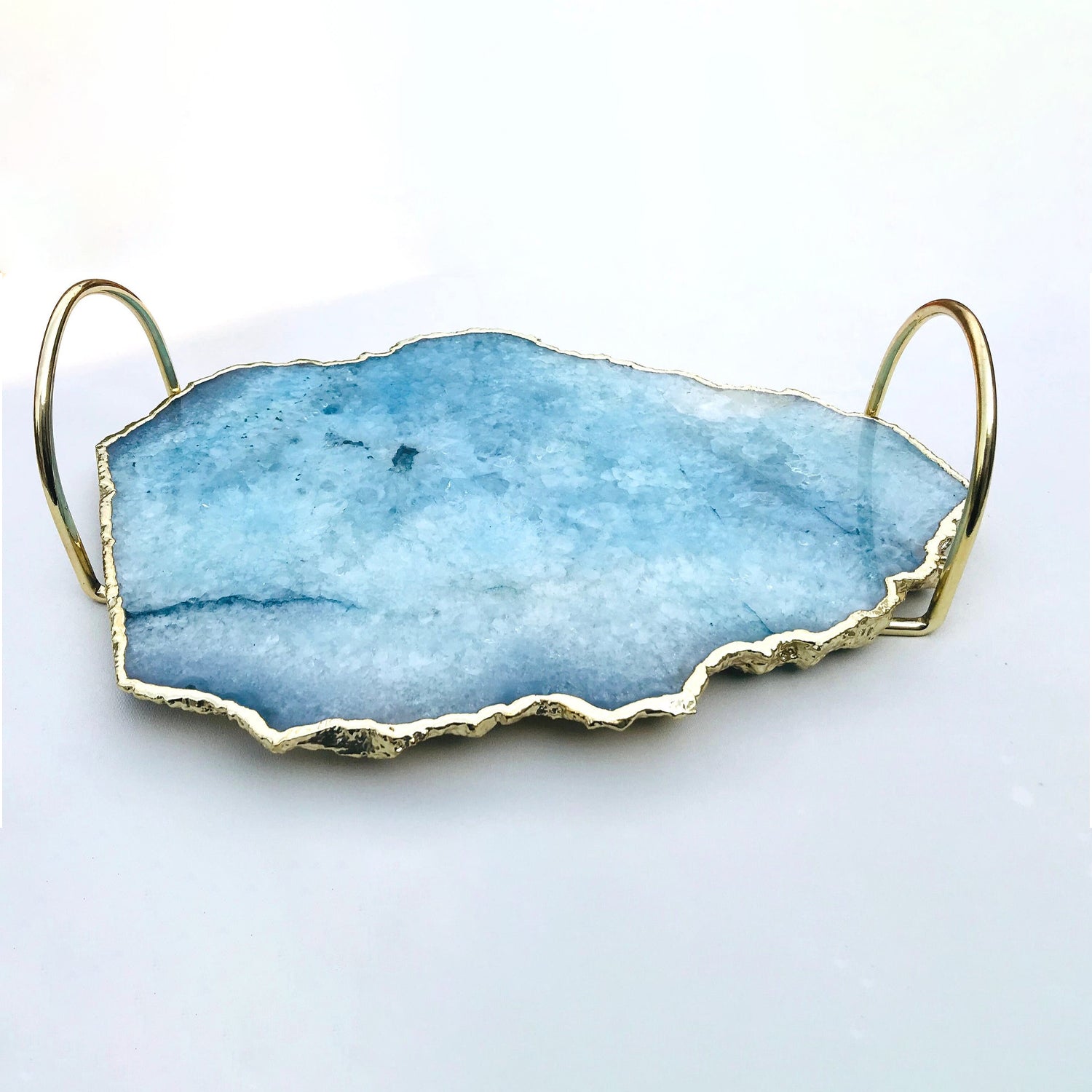Blue Agate Serving Tray With Brass Loop Handles-0