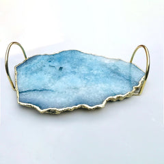 Blue Agate Serving Tray With Brass Loop Handles-0