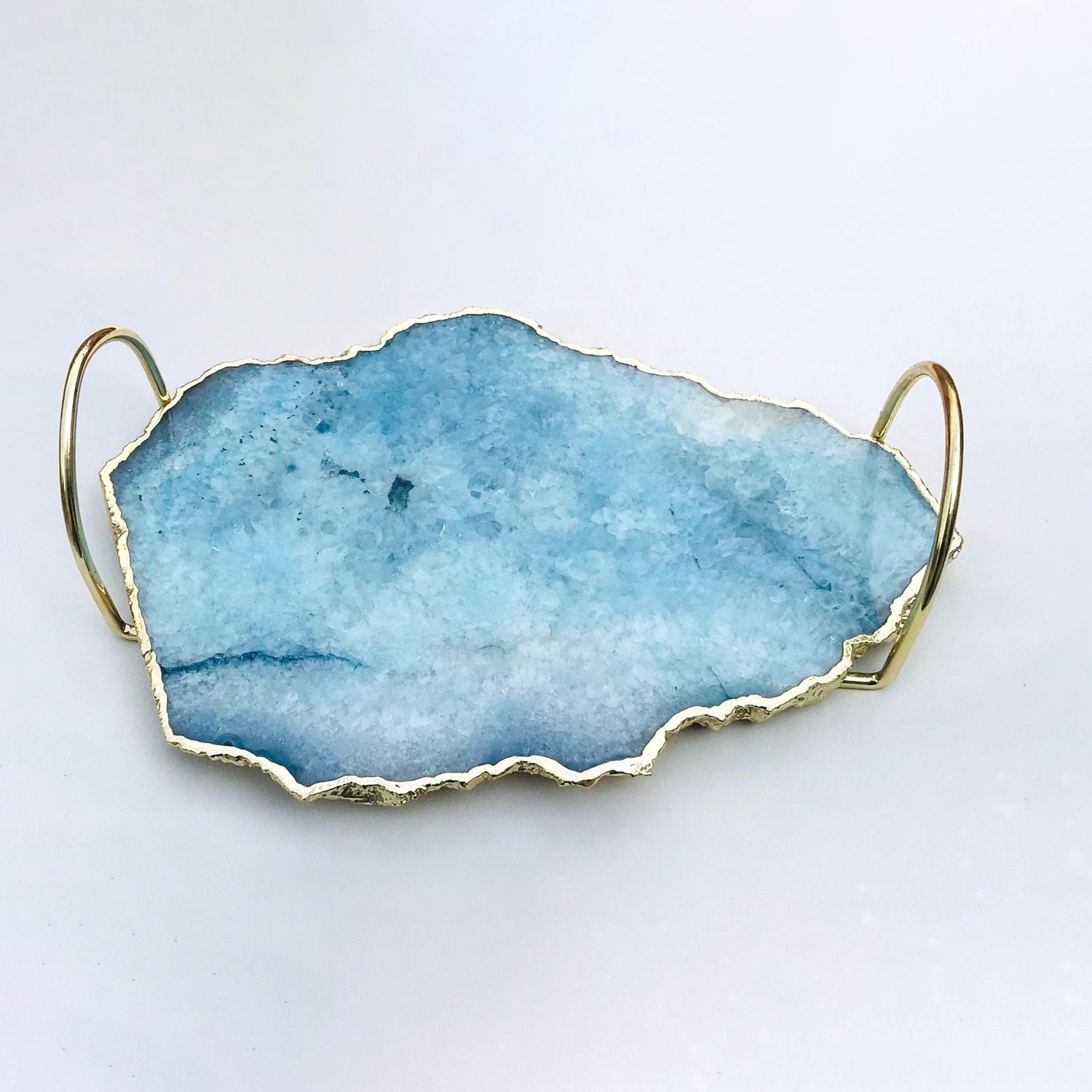 Blue Agate Serving Tray With Brass Loop Handles-2