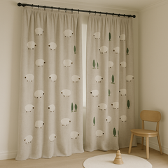 Embroidered Sheep Linen Curtains for Kids Room & Nursery — Custom Sizes — Single or Pair — Blackout or Cotton Lining — Rod & Track Compatible-2