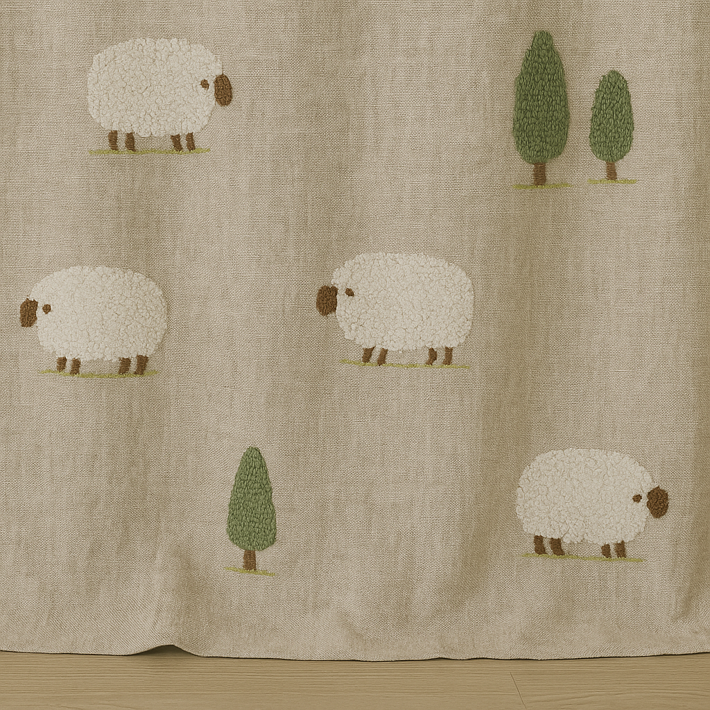 Embroidered Sheep Linen Curtains for Kids Room & Nursery — Custom Sizes — Single or Pair — Blackout or Cotton Lining — Rod & Track Compatible-4