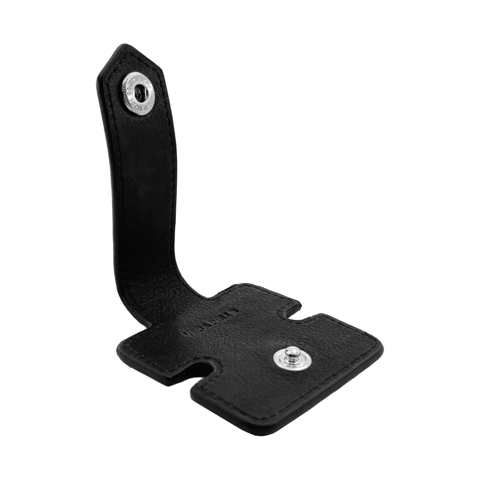 K0019AB | Cable reel in full-grain genuine leather with a light grain. Black. Snap button closure. Closed dimensions: 6x6x1 cm. Packaging: Rigid gift box with bottom/lid-1
