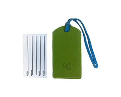 K0041EOB | Targhetta bagaglio Bicolore Made in Italy in Vera Pelle pieno fiore, grana dollaro - Colore Verde/Azzurro - Dimensioni: cm 6,5 x 12 - Confezione: Gift Box rigido fondo/coperchio-2