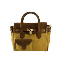 K0042BACB | Mini Canvas/Genuine Leather Handbag Made in Italy. Removable shoulder strap. Antique Brass metal snap hook attachments. Hazelnut color. Dimensions: 24 x 20 x 12 cm.-1