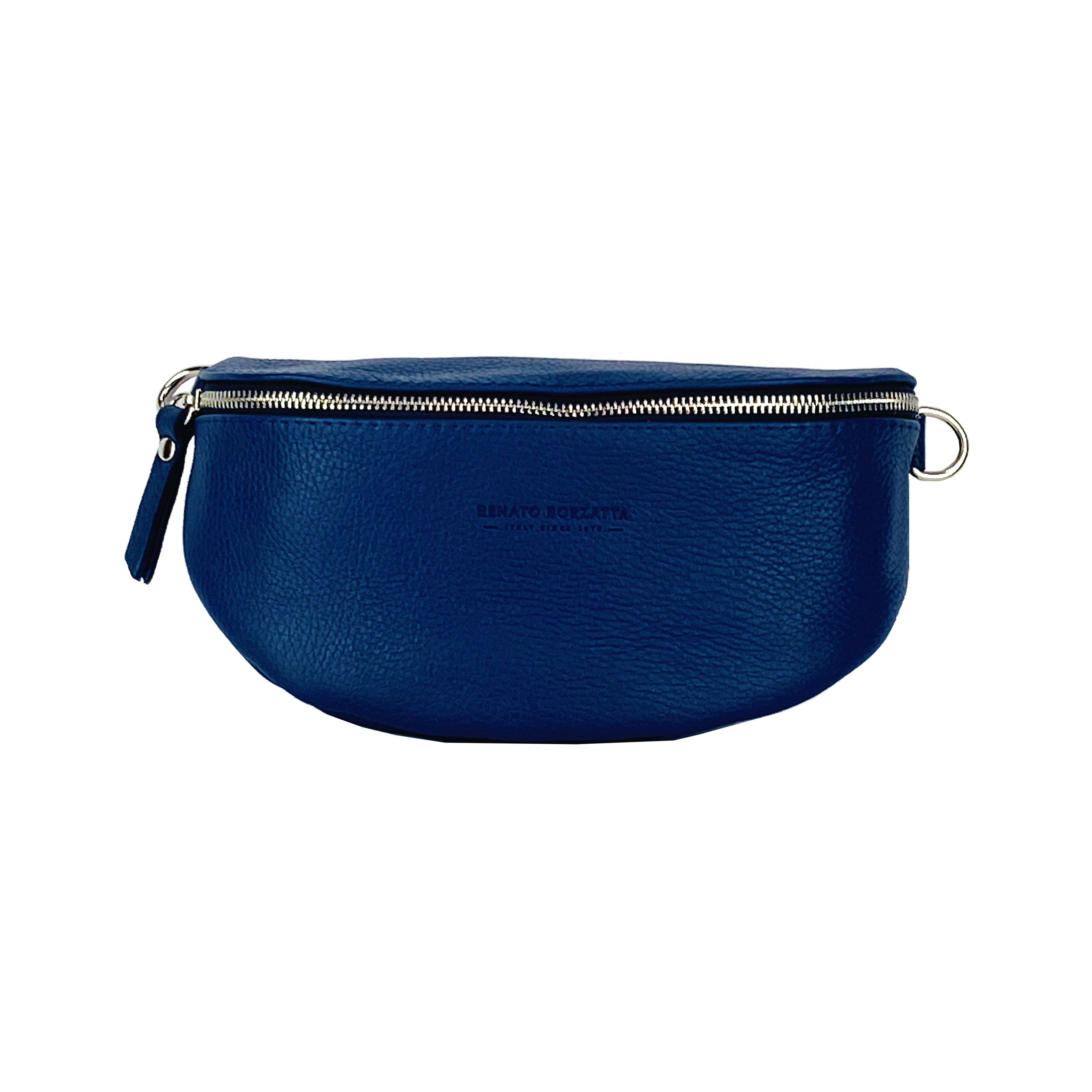 RB1015D | Genuine Leather Bum Bag with Removable Shoulder Strap Made in Italy. Polished Nickel Metal Snap Hook Attachments. Blue Color. Dimensions: 24 x 14 x 7 cm.-1