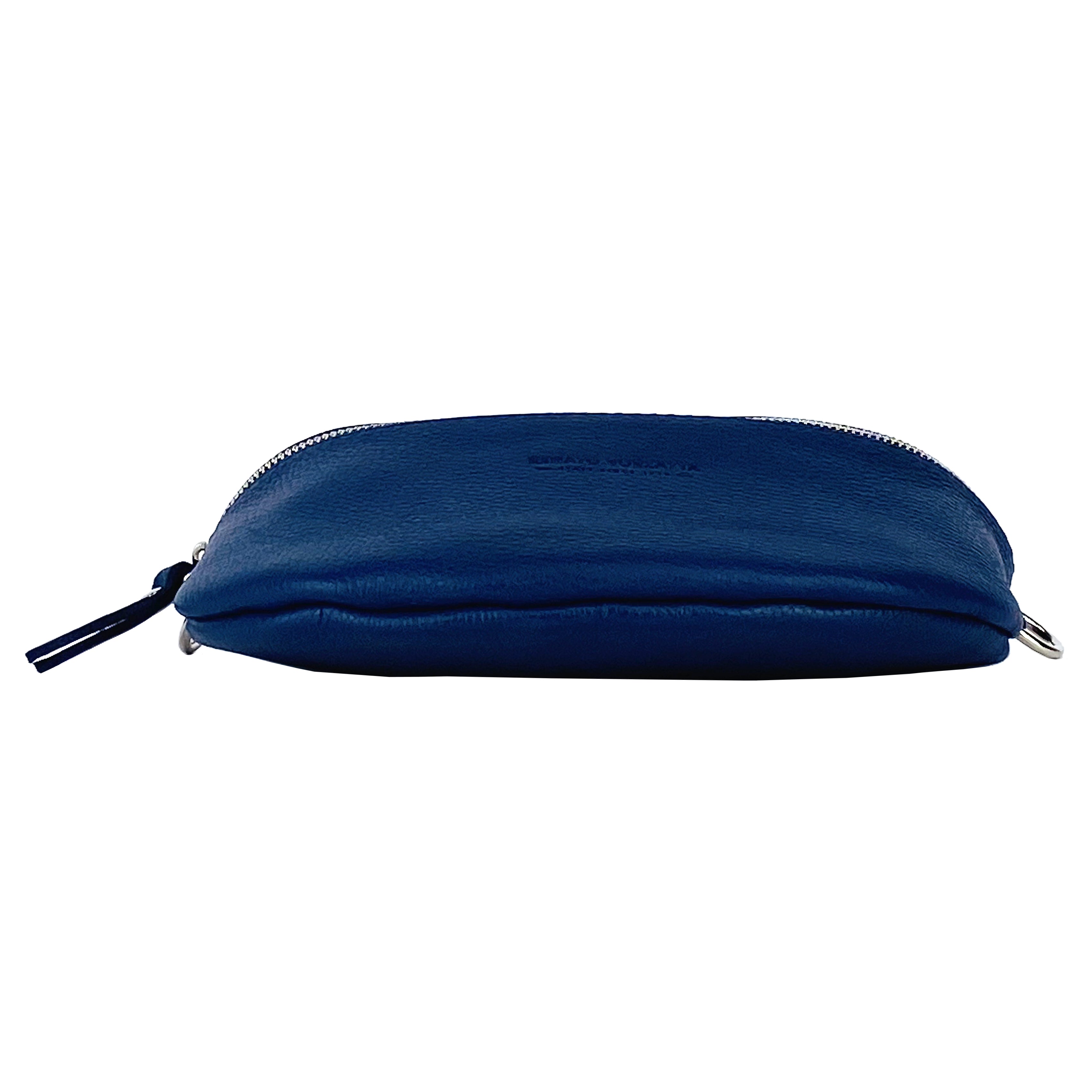RB1015D | Genuine Leather Bum Bag with Removable Shoulder Strap Made in Italy. Polished Nickel Metal Snap Hook Attachments. Blue Color. Dimensions: 24 x 14 x 7 cm.-4