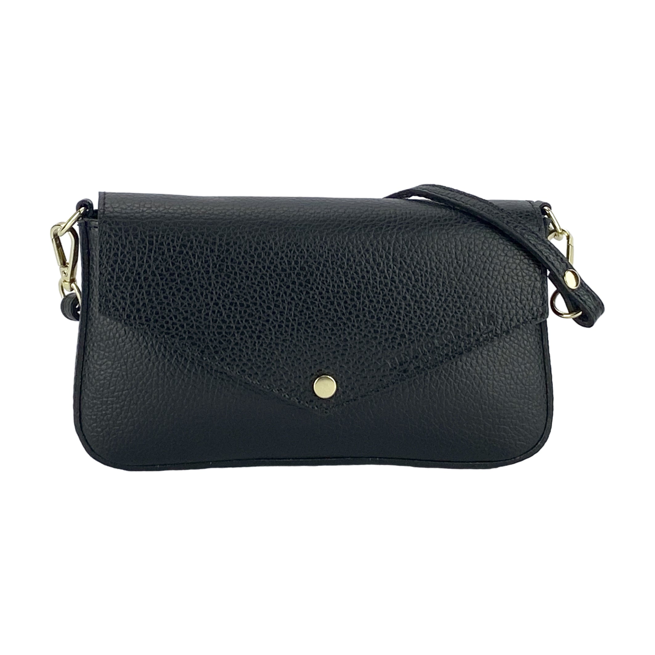 RB1023A | Small Shoulder Bag with Removable Chain Strap in Genuine Leather Made in Italy. Flap Closure. Polished Gold Metal Accessories - Color: Black - Dimensions: 22 x 12 x 3 cm-1