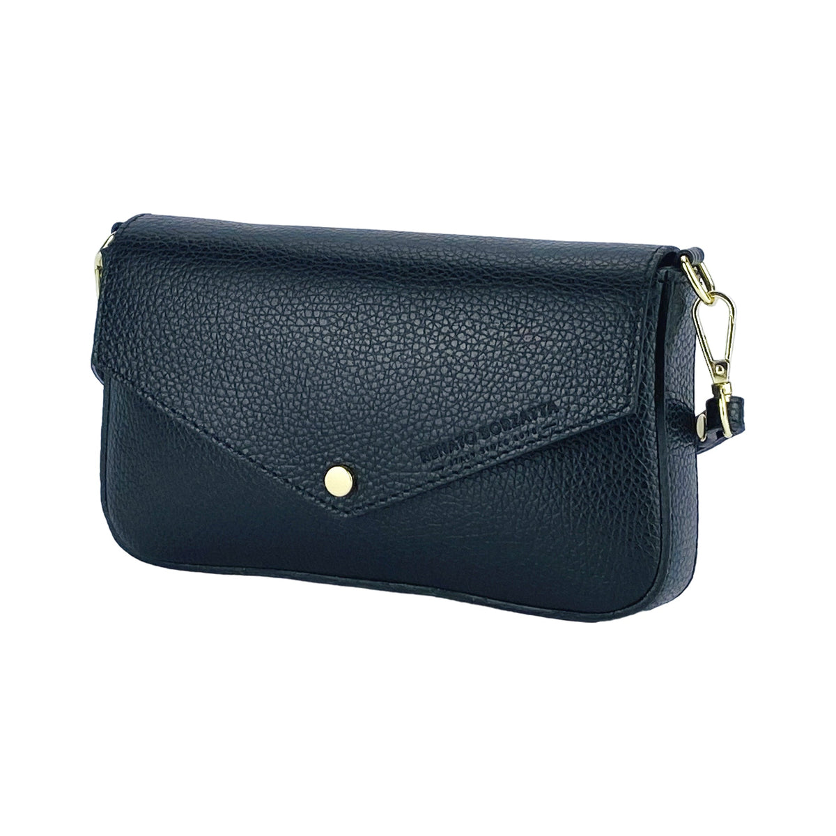 RB1023A | Small Shoulder Bag with Removable Chain Strap in Genuine Leather Made in Italy. Flap Closure. Polished Gold Metal Accessories - Color: Black - Dimensions: 22 x 12 x 3 cm-0