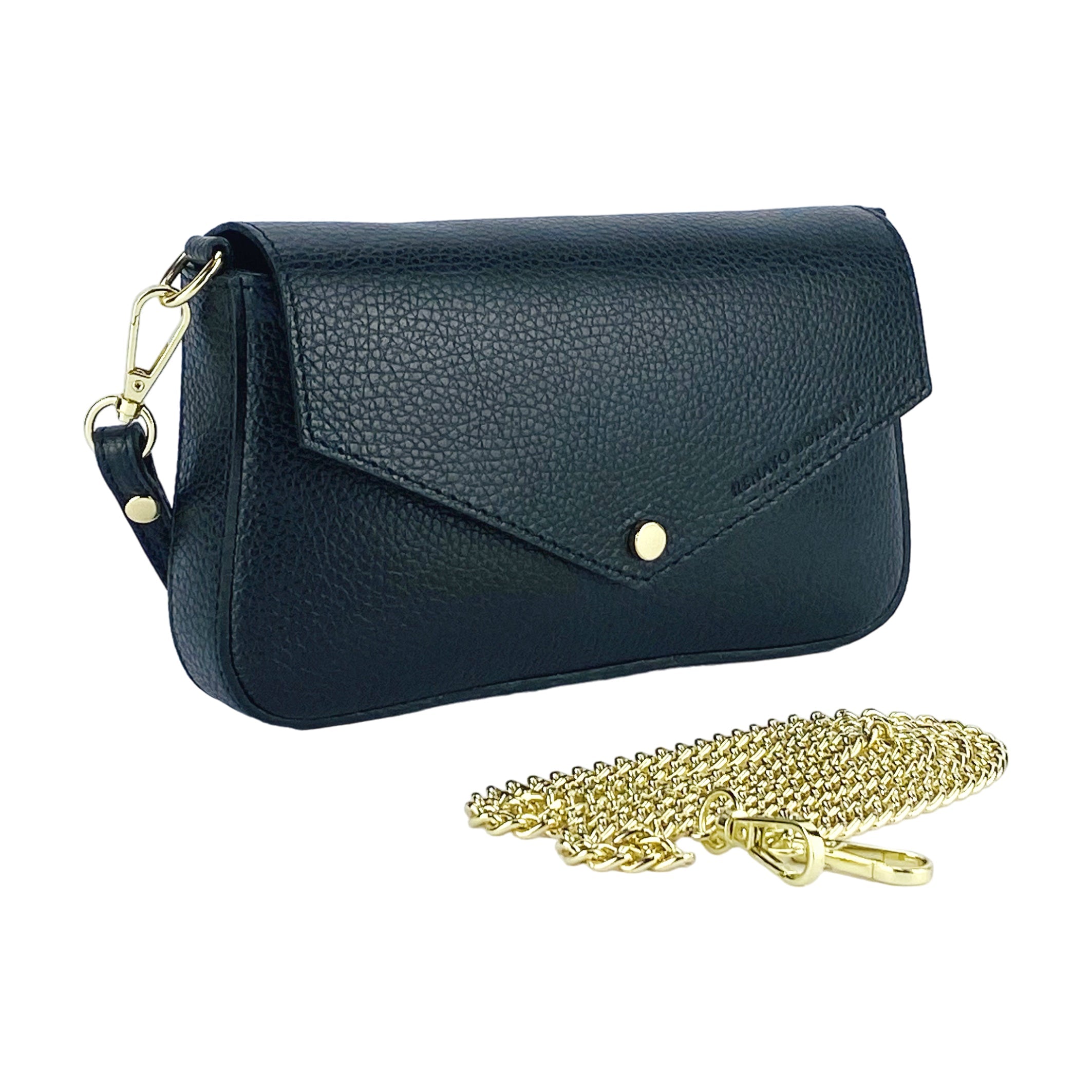 RB1023A | Small Shoulder Bag with Removable Chain Strap in Genuine Leather Made in Italy. Flap Closure. Polished Gold Metal Accessories - Color: Black - Dimensions: 22 x 12 x 3 cm-2