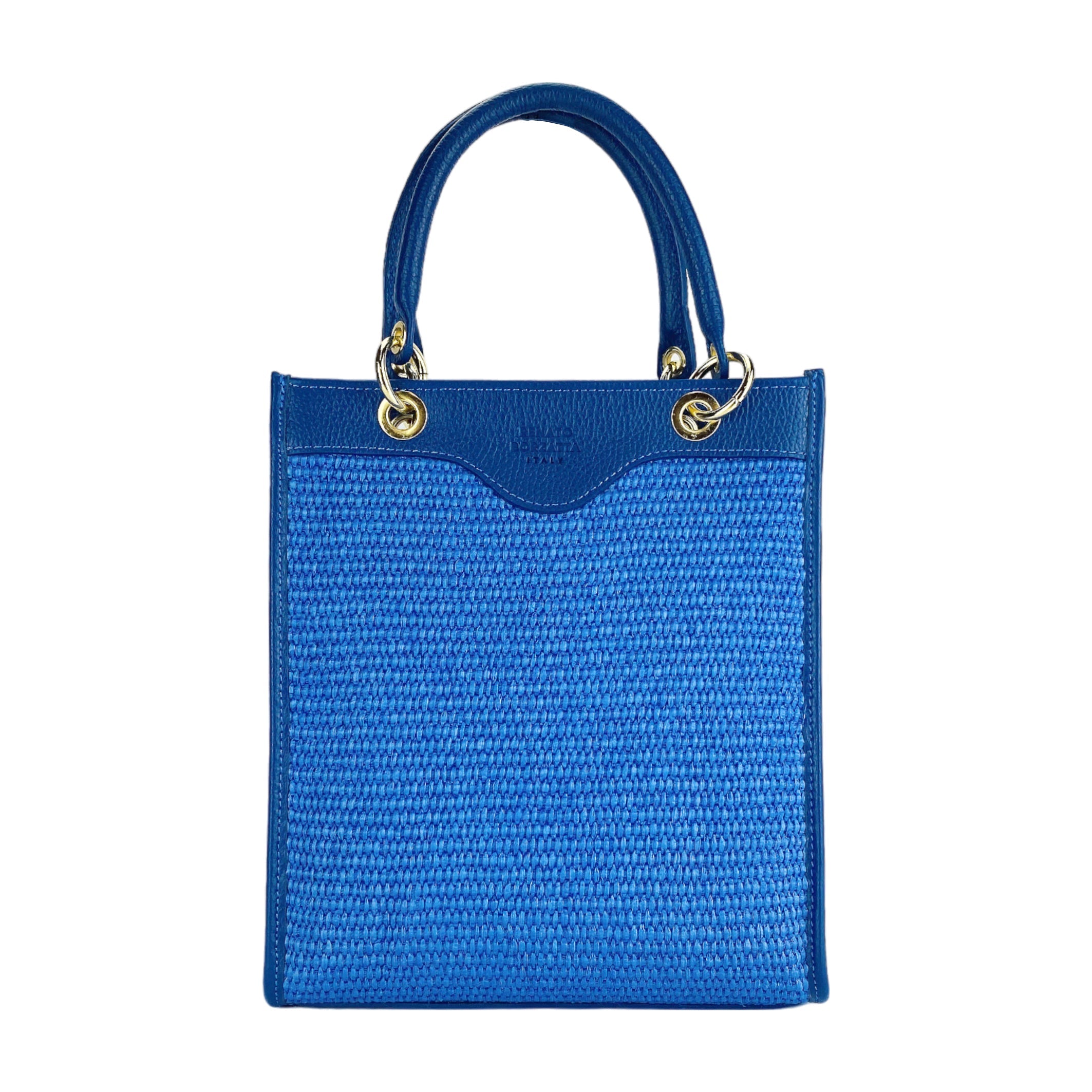 RB1026CH | Women's Vertical Handbag in Genuine Leather and Straw Made in Italy. Removable and adjustable leather shoulder strap. Polished Gold Accessories - Royal Blue Color - Dimensions: 24 x 29 x 9 cm-1