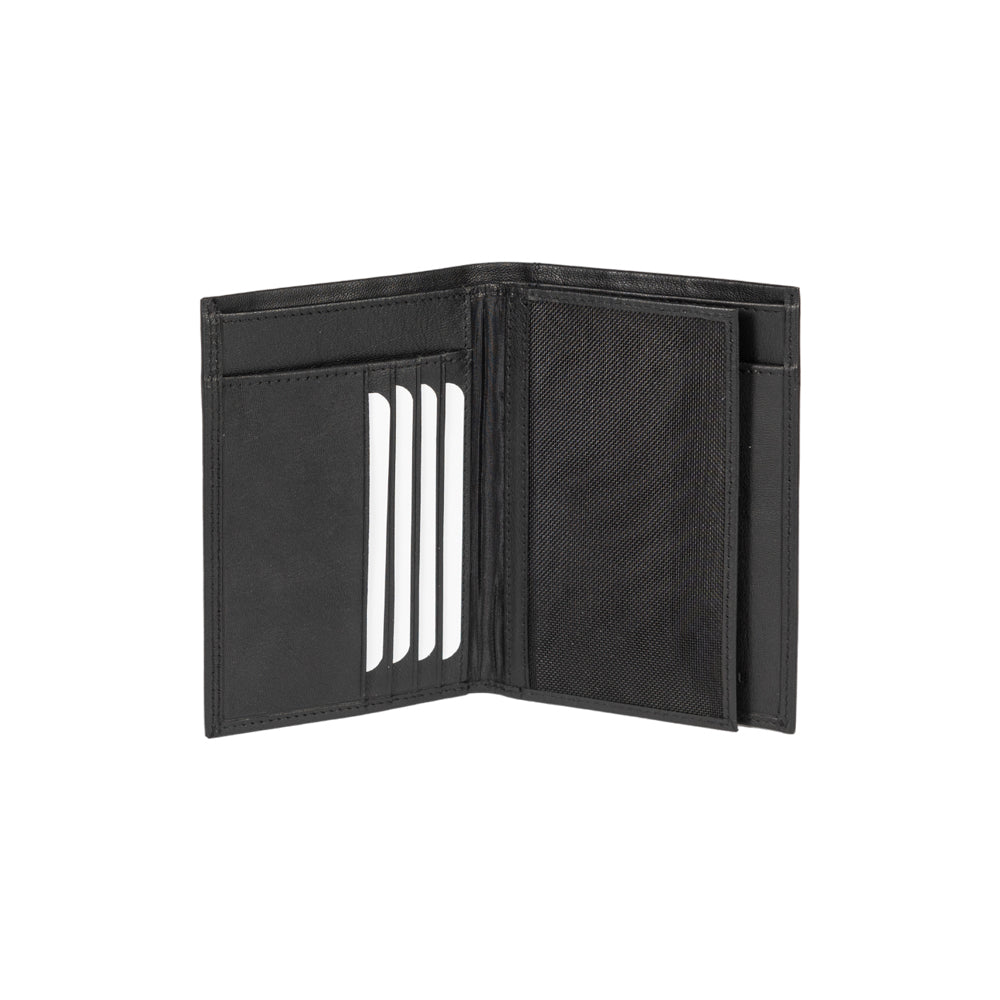RB12009A | Men's fold-over wallet in genuine full-grain leather with a light grain. Black. RFID protection. Closed dimensions: 9.5 x 13 x 2 cm. Packaging: Gift box with bottom/lid-1