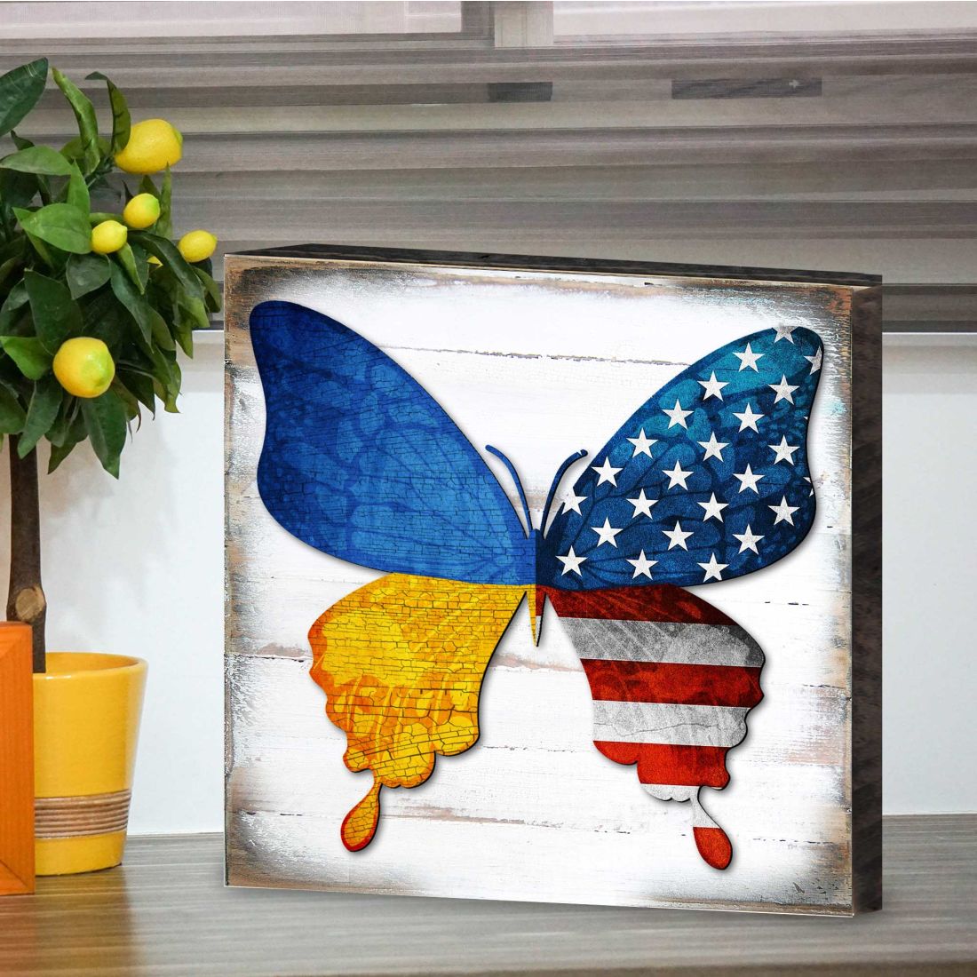 USA/Ukraine Butterfly Wooden Decor - American Patriotic Decor - 8187129B-3