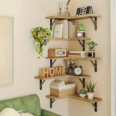 Set of 5 Rustic Wooden Corner Floating Shelves - Wall Mounted Storage Racks-3